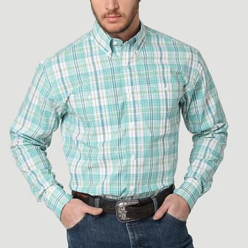 Wrangler Men's George Strait Collection LS Shirt - Turquoise Plaid - Front