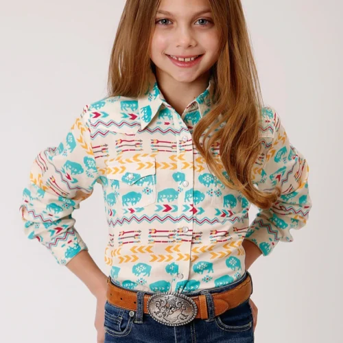 Roper Girl's Five Star Collection LS - Print White - Front