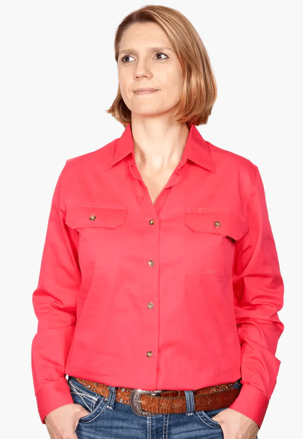 JCA Brooke Full Button Workshirt - Front Hot Coral